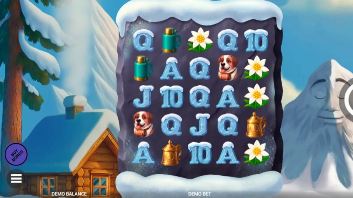 Pemandangan visual slot Avalanche dengan tema pegunungan salju yang ikonik